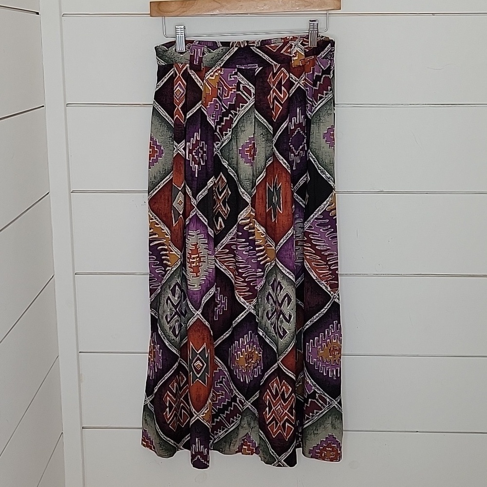 VINTAGE 80s 90s Kenneth Mitchell purple & black multicolored printed maxi skirt